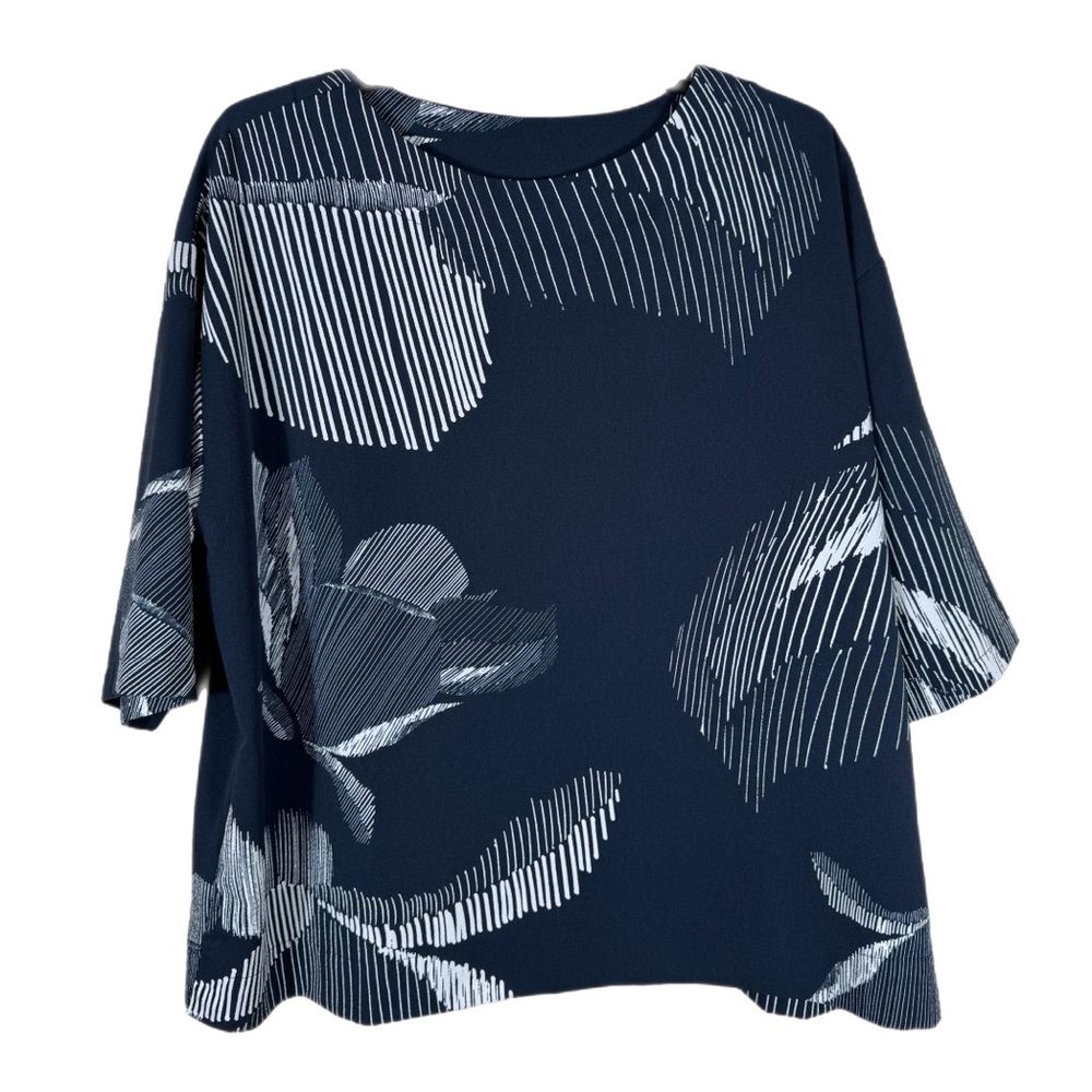 Bryn Walker Crepe Foglia Print Top Blouse M Indigo Lagenlook